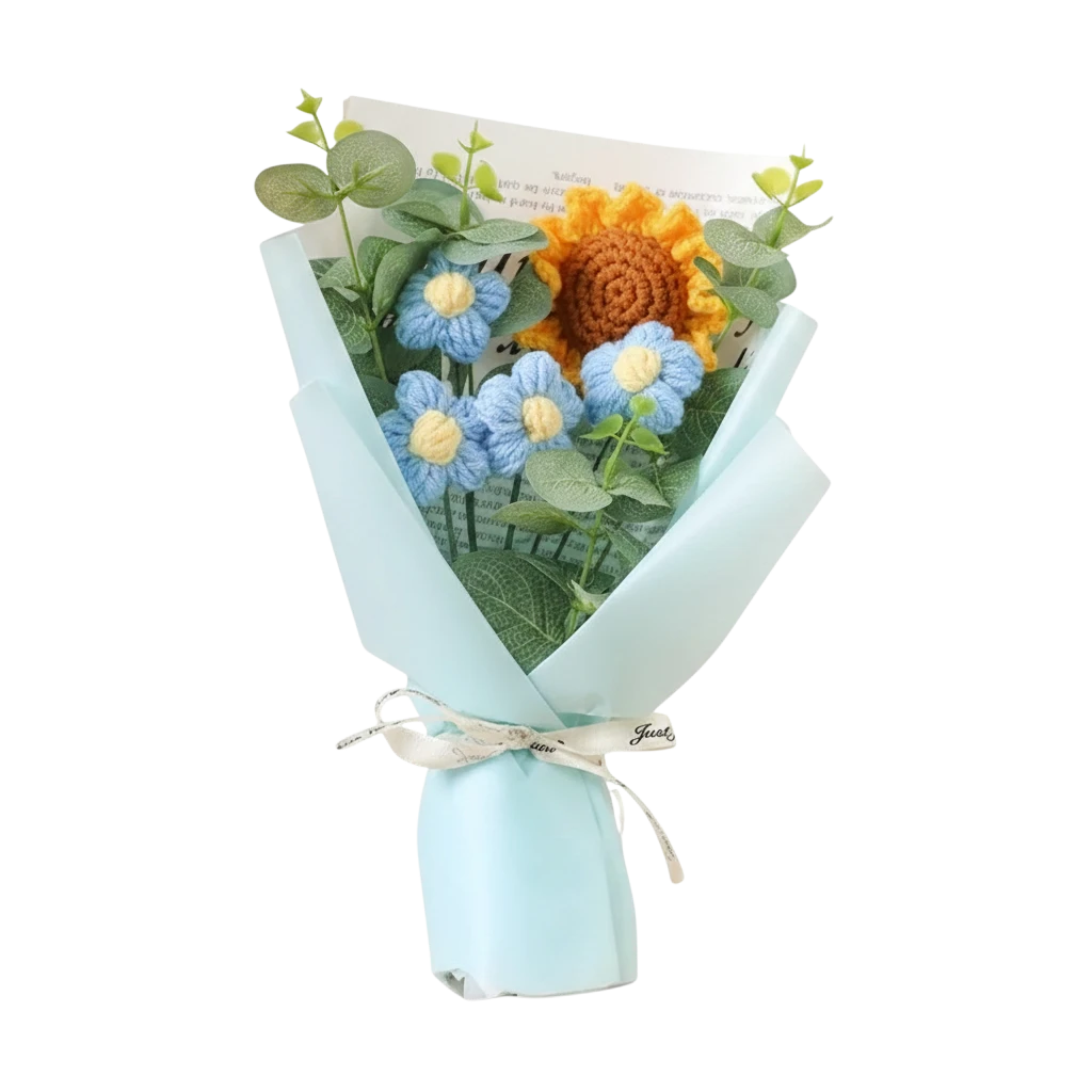 MieleGifts handcrafted crochet bouquet with a yellow sunflower, blue daisies, and eucalyptus leaves in light blue wrap.