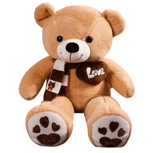 MieleGifts giant brown plush teddy bear wearing a striped scarf with a Love heart patch and heart-printed paws.