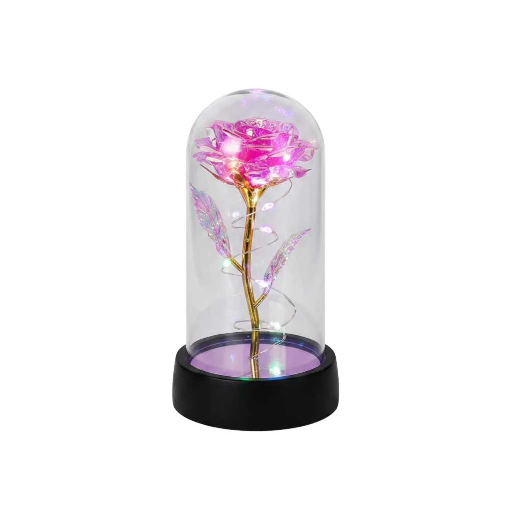 MieleGifts iridescent pink rose inside a clear plastic dome with glowing LED fairy lights on a black base