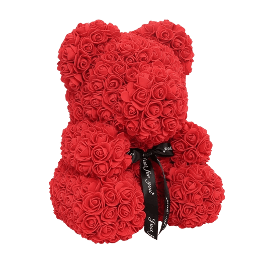 MieleGifts red rose teddy bear made of PE foam flowers with a black Just For You satin ribbon bow.