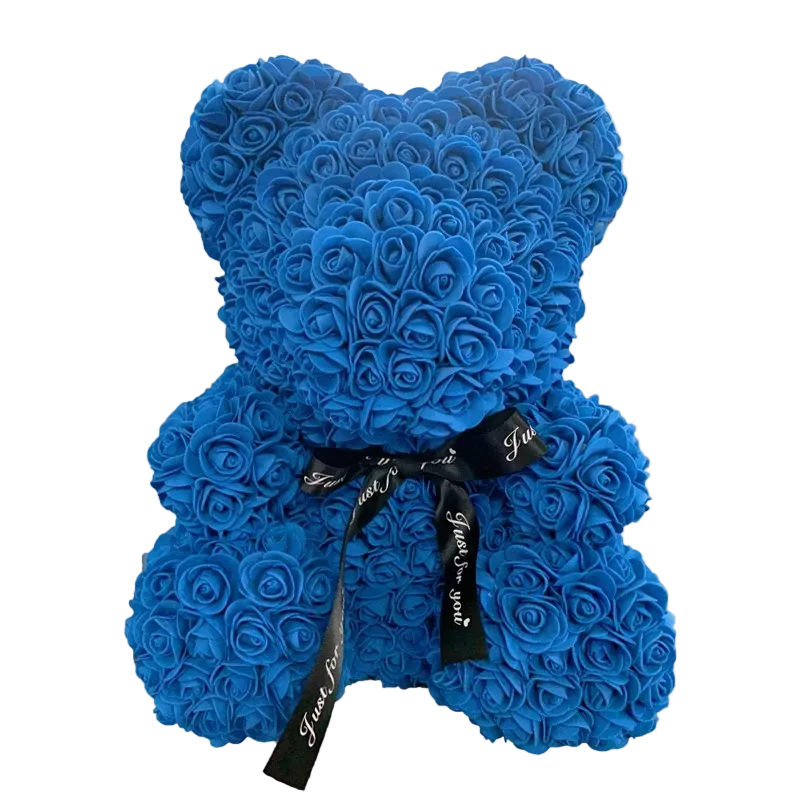 Blue rose teddy bear with a black ribbon on a white background