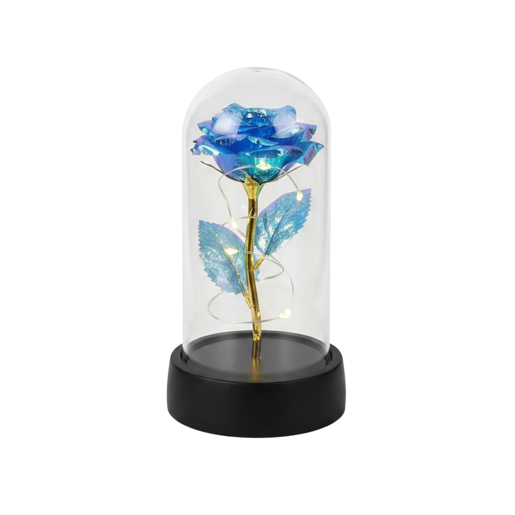 MieleGifts blue iridescent rose inside a clear plastic dome with warm LED fairy lights on a black base