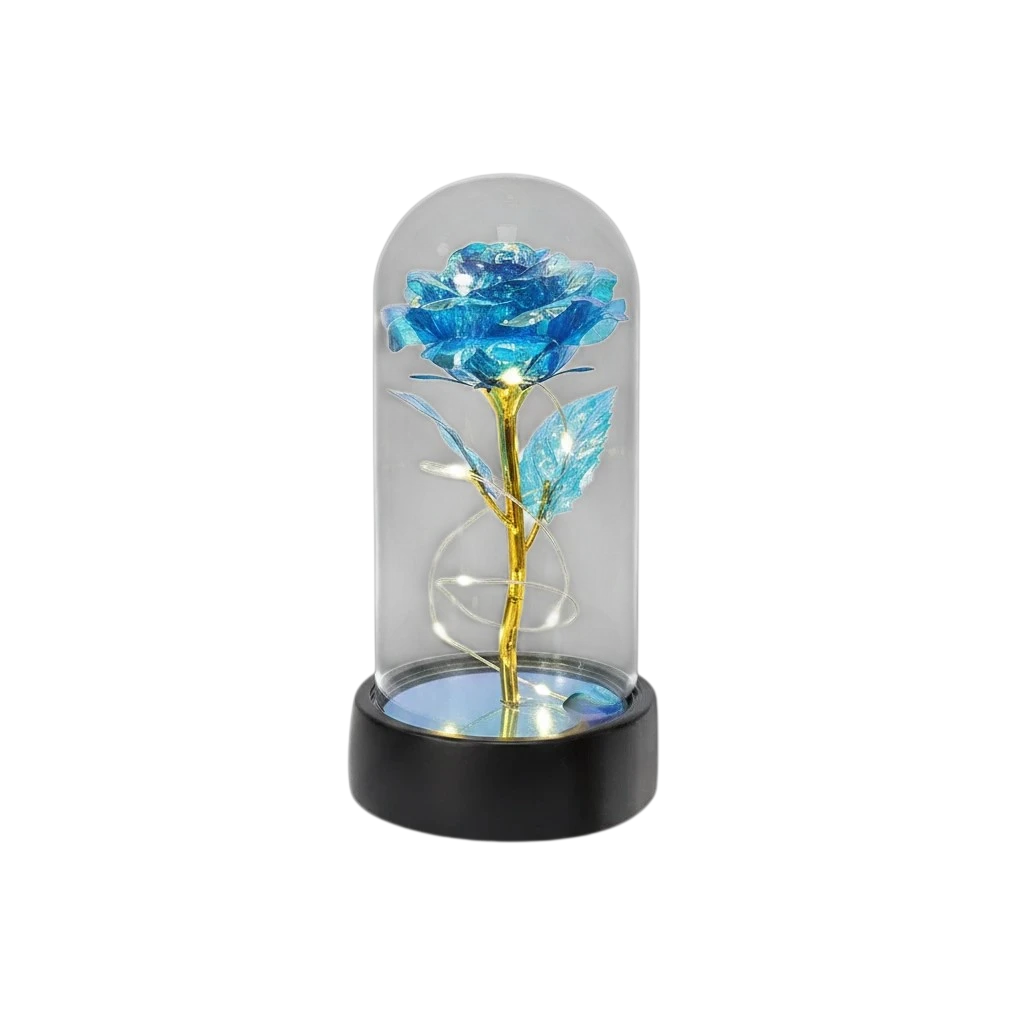 MieleGifts blue iridescent rose inside a clear plastic dome with glowing LED fairy lights and a black base.