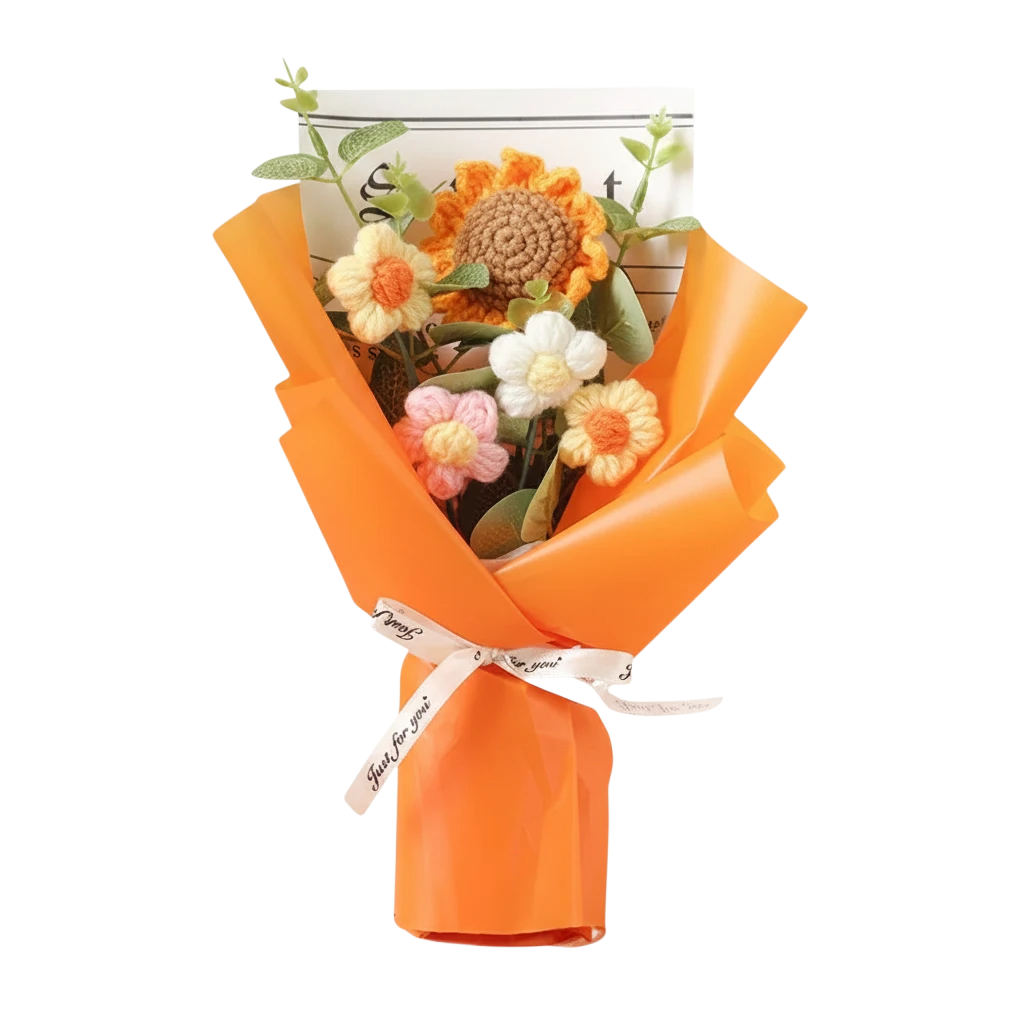 MieleGifts handcrafted crochet flower bouquet with sunflowers and daisies in orange wrapping paper and ribbon bow