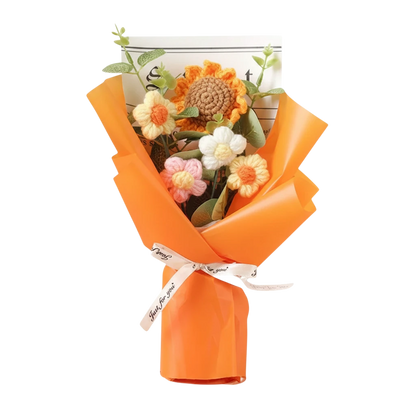 MieleGifts handcrafted crochet flower bouquet with sunflowers and daisies in orange wrapping paper and ribbon bow