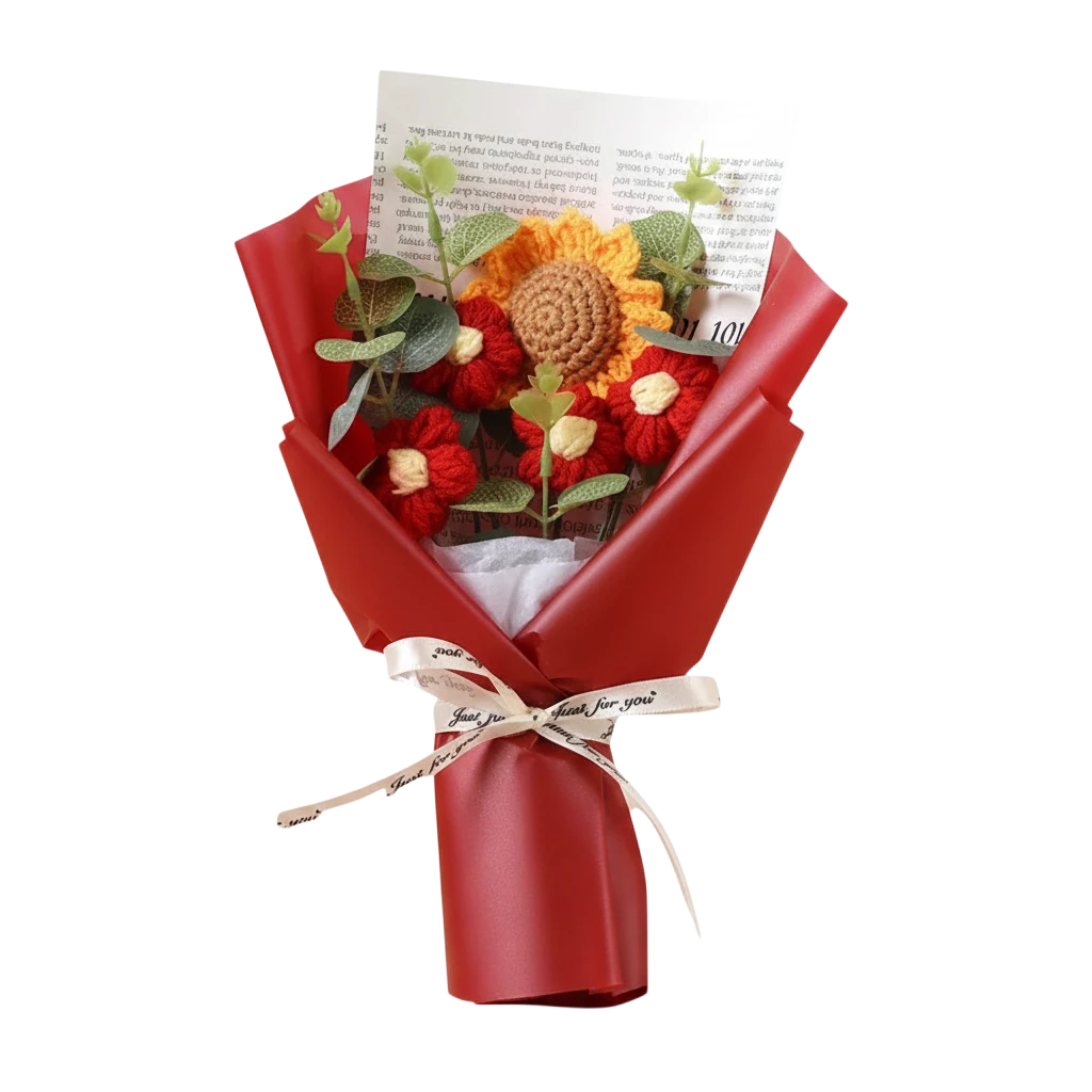 MieleGifts handcrafted crochet flower bouquet with sunflowers and daisies wrapped in red paper with a ribbon bow