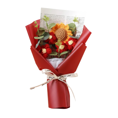 MieleGifts handcrafted crochet flower bouquet with sunflowers and daisies wrapped in red paper with a ribbon bow