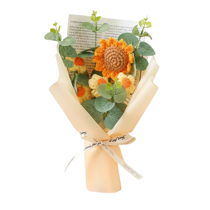 MieleGifts handcrafted crochet sunflower and daisy bouquet wrapped in tissue paper with a ribbon bow