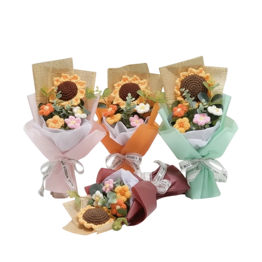 MieleGifts handcrafted crochet flower bouquets featuring sunflowers and daisies in various colorful paper wrappings.