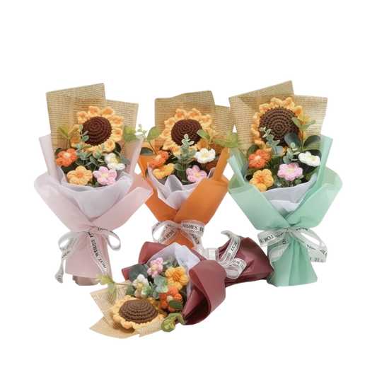 MieleGifts handcrafted crochet flower bouquets featuring sunflowers and daisies in various colorful paper wrappings.