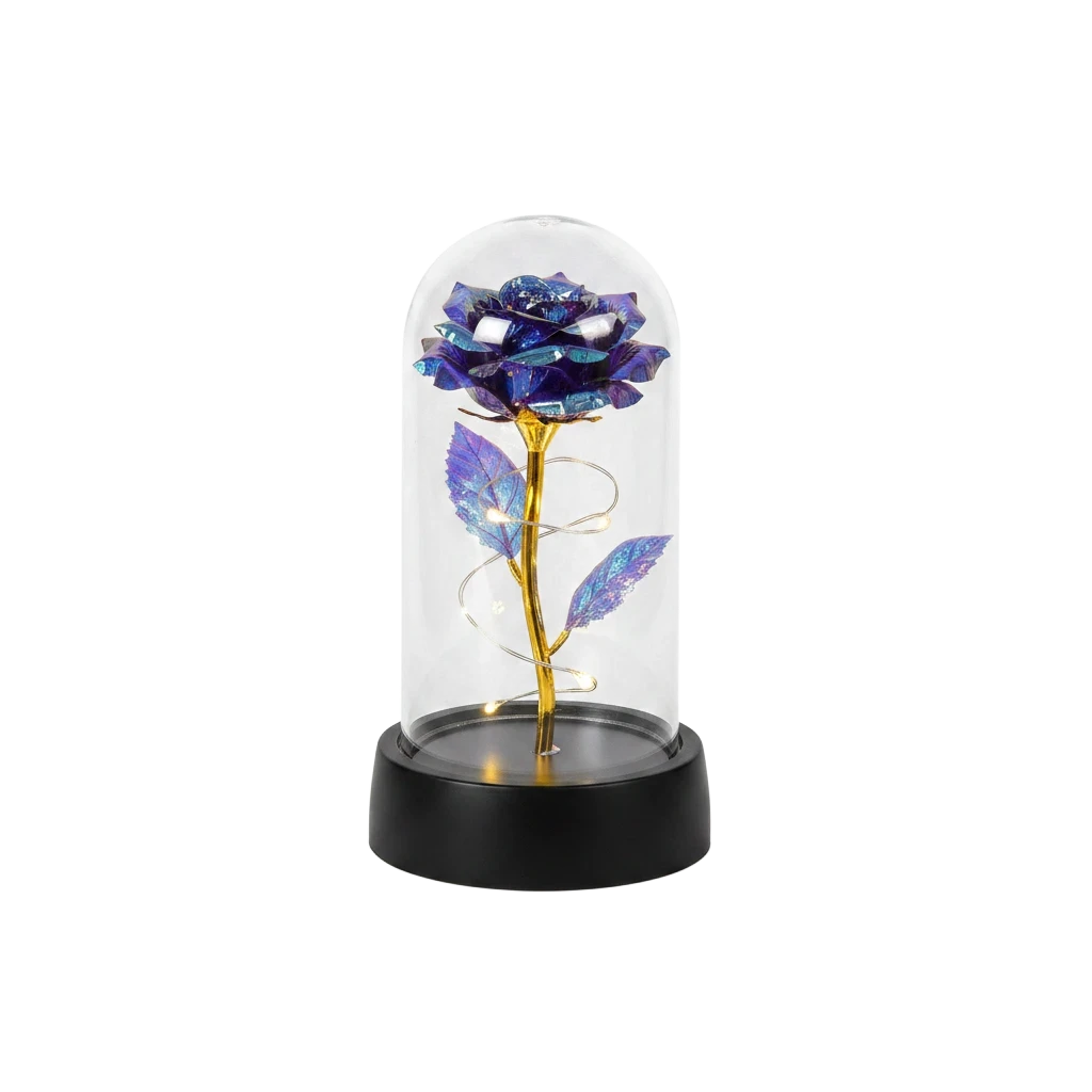 MieleGifts galaxy blue rose inside a clear plastic dome with warm LED fairy lights on a black base
