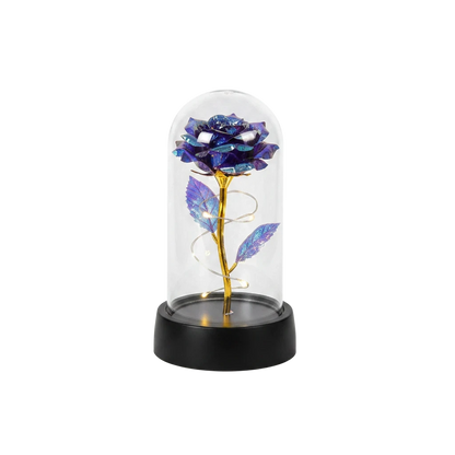 MieleGifts galaxy blue rose inside a clear plastic dome with warm LED fairy lights on a black base