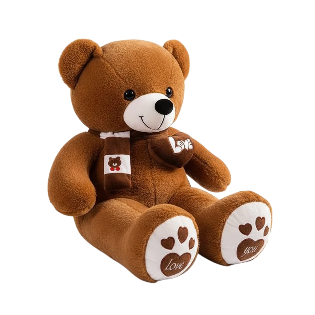 MieleGifts giant brown plush bear with a striped scarf, Love heart patch, and heart-patterned paws.