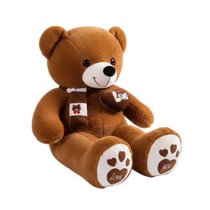 MieleGifts giant brown plush bear with a striped scarf, Love heart patch, and heart-patterned paws.