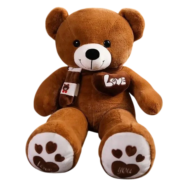 MieleGifts giant brown plush teddy bear wearing a striped scarf with a Love heart patch and paw prints on feet.