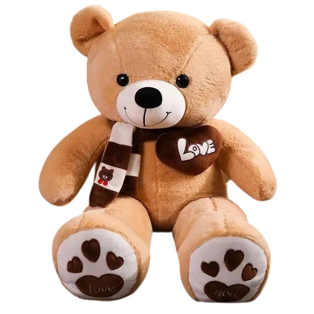 MieleGifts giant brown plush teddy bear wearing a striped scarf with a Love heart patch and heart-printed paws.