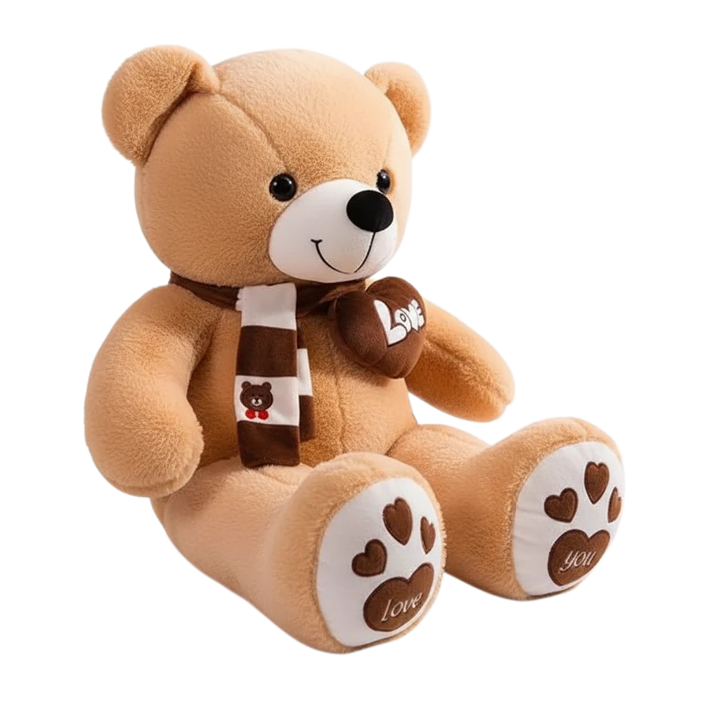 MieleGifts giant brown plush teddy bear wearing a striped scarf with a Love heart patch and heart-printed paws.