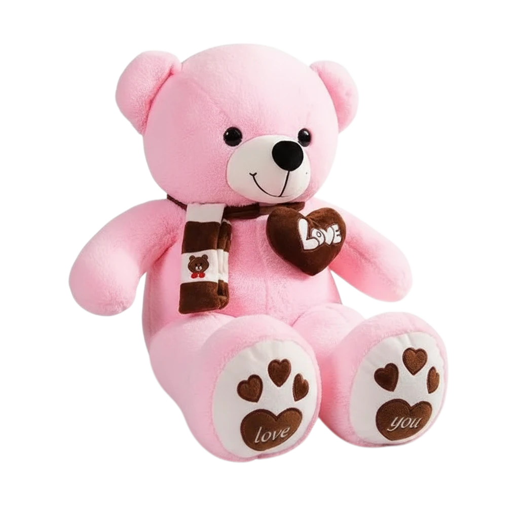 MieleGifts giant pink plush bear with a brown striped scarf, Love heart patch, and heart-patterned paw pads.