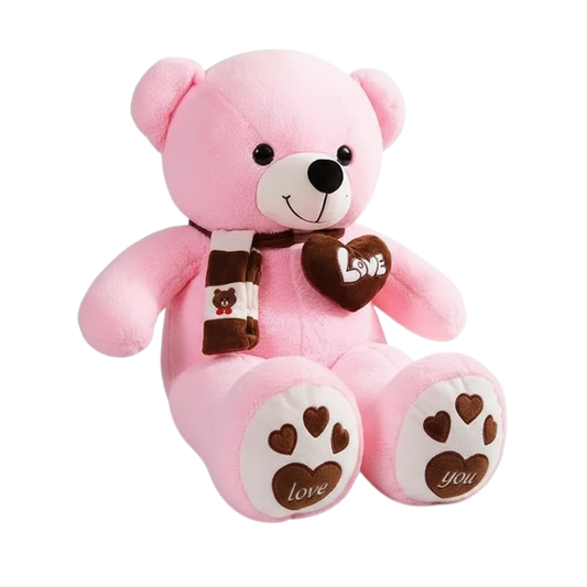 MieleGifts giant pink plush bear with a brown striped scarf, Love heart patch, and heart-patterned paw pads.