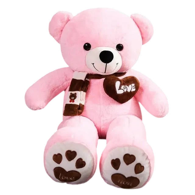 MieleGifts giant pink plush teddy bear with a striped scarf, Love heart patch, and heart-printed paw pads.