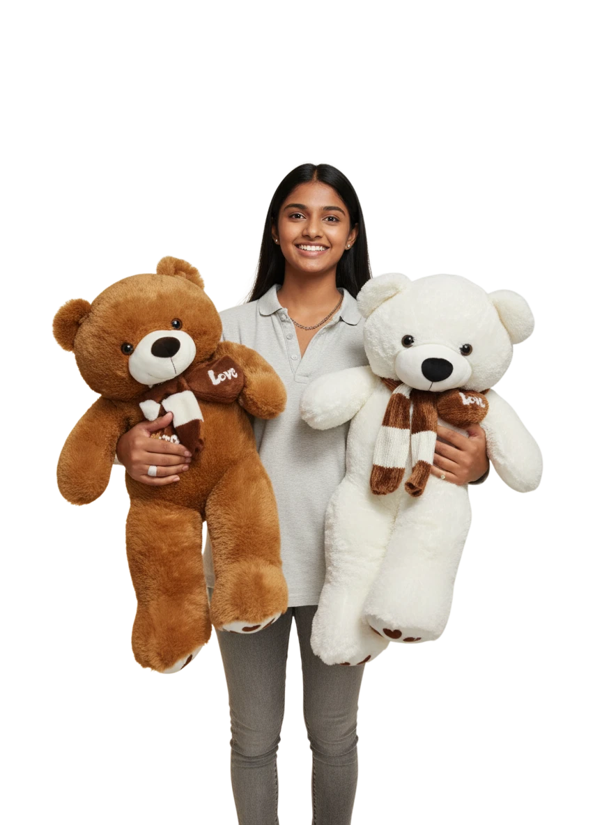 MieleGifts giant plush bears in brown and white, each wearing a striped scarf and Love heart patch, held by a woman.