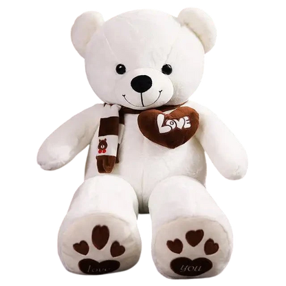 MieleGifts giant white plush bear with a brown striped scarf, Love heart patch, and paw prints on feet.