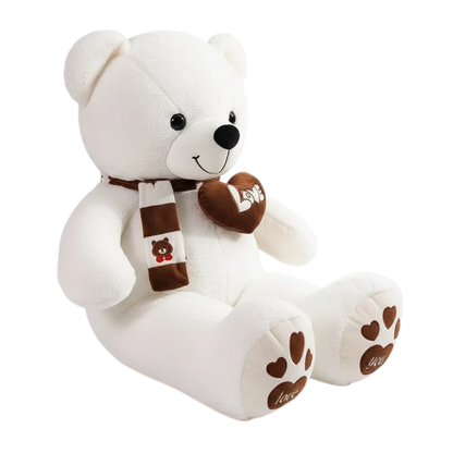 MieleGifts giant white plush bear with a brown striped scarf, Love heart patch, and heart-printed paw pads.