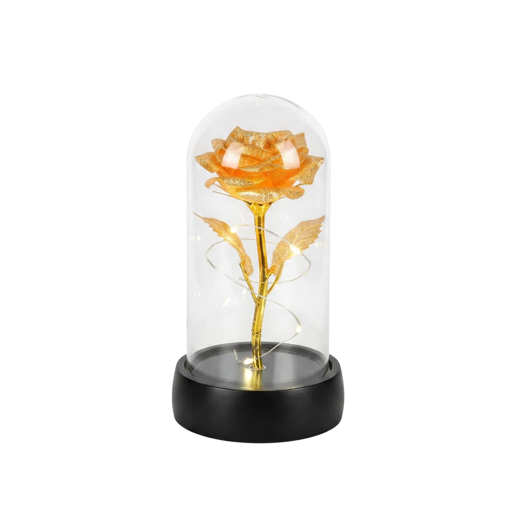 MieleGifts gold rose inside a clear plastic dome with warm LED fairy lights on a black base