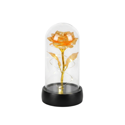MieleGifts gold rose inside a clear plastic dome with warm LED fairy lights on a black base