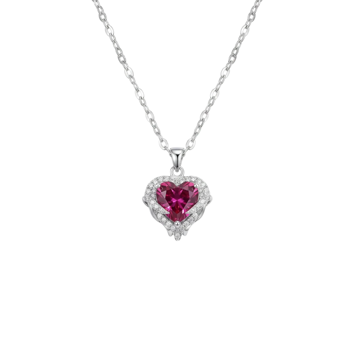 MieleGifts heart-shaped mystic cubic zirconia pendant necklace with angel wing pavé crystal setting on a silver chain