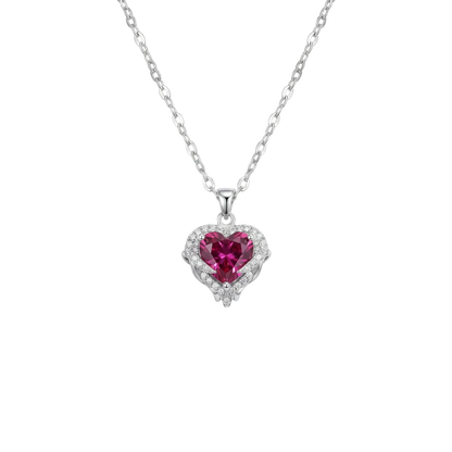 MieleGifts heart-shaped mystic cubic zirconia pendant necklace with angel wing pavé crystal setting on a silver chain