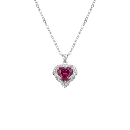 MieleGifts heart-shaped mystic cubic zirconia pendant necklace with angel wing pavé crystal setting on a silver chain