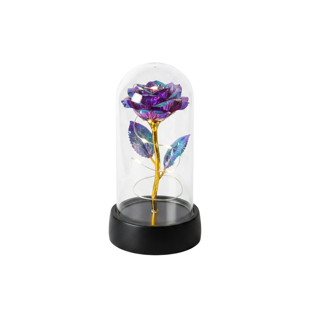 MieleGifts iridescent galaxy rose inside a clear plastic dome with warm LED fairy lights on a black base