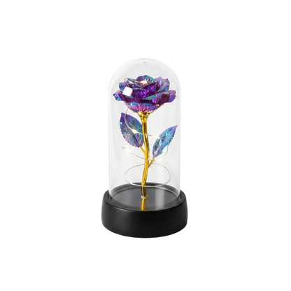 MieleGifts iridescent galaxy rose inside a clear plastic dome with warm LED fairy lights on a black base