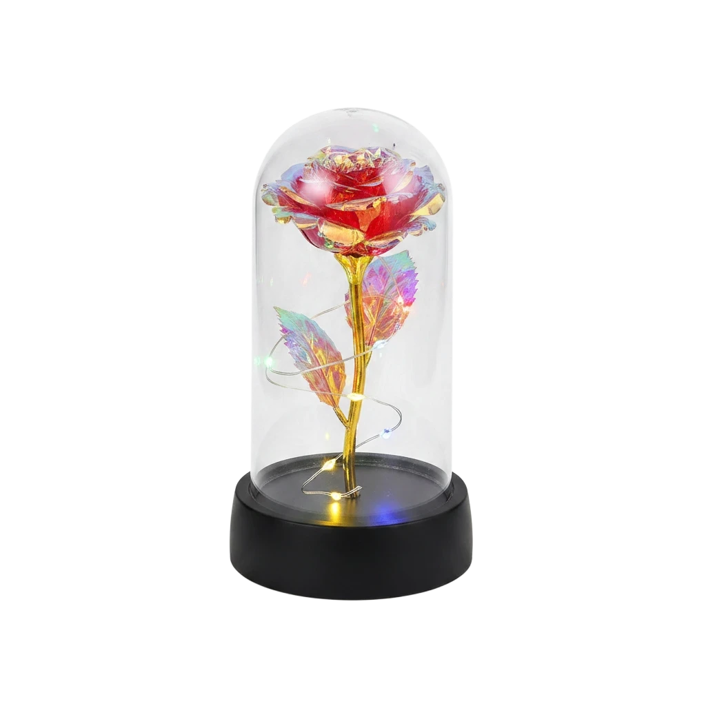 MieleGifts iridescent galaxy rose inside a clear plastic dome with warm LED fairy lights on a black base