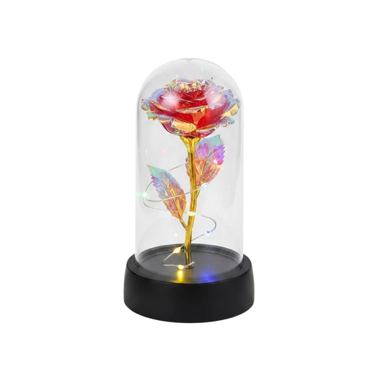 MieleGifts iridescent galaxy rose inside a clear plastic dome with warm LED fairy lights on a black base