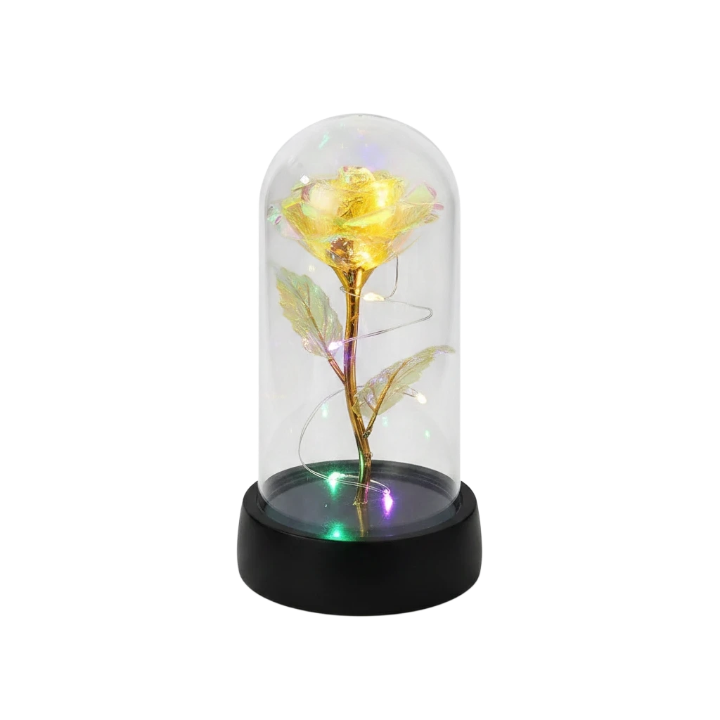 MieleGifts iridescent rose inside a clear plastic dome with glowing LED fairy lights on a black base
