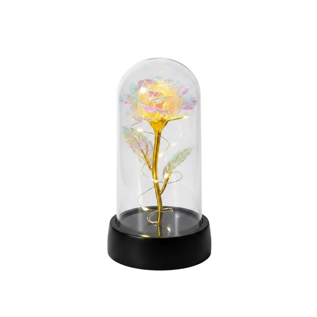MieleGifts iridescent rose in a clear plastic dome with warm LED fairy lights on a black base
