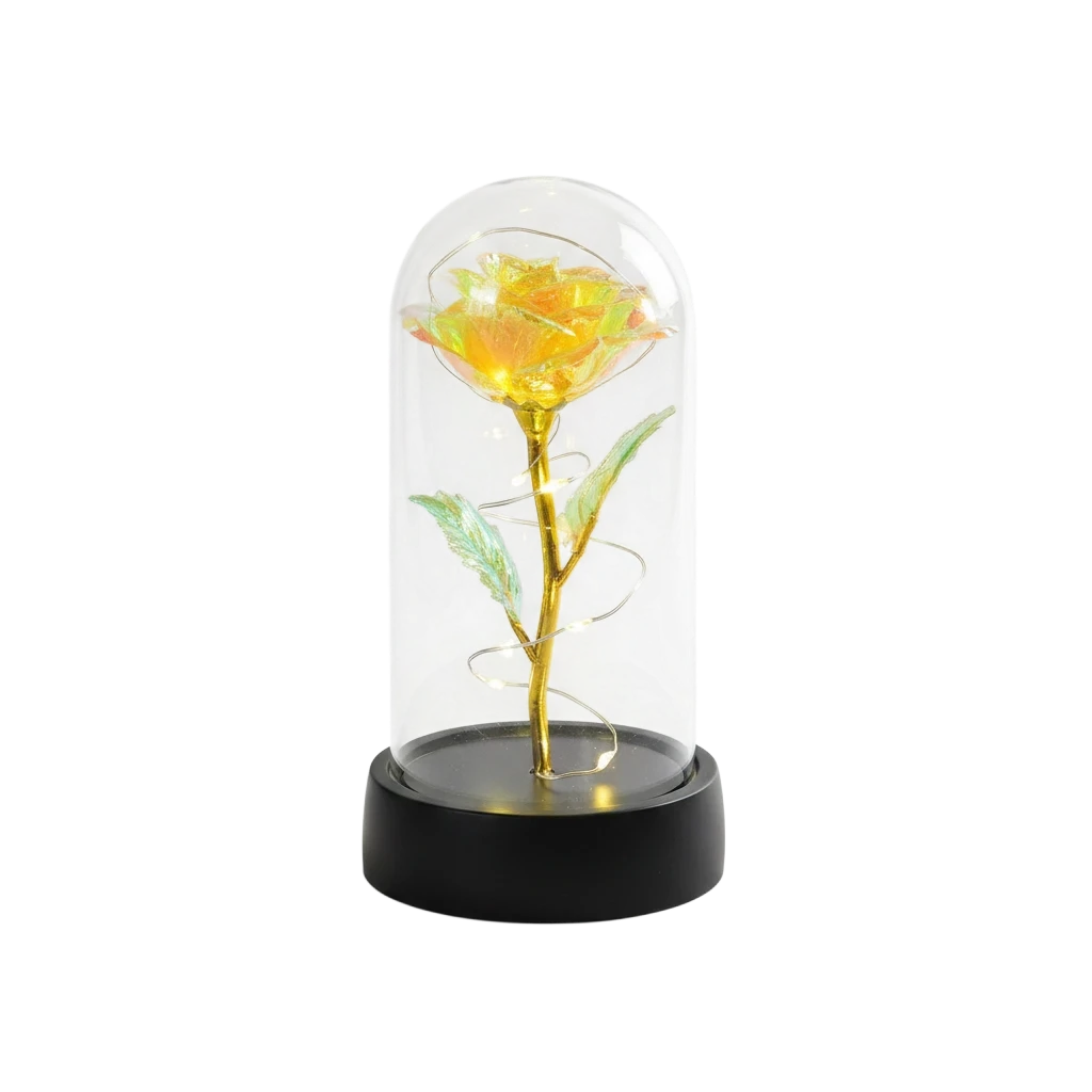 MieleGifts iridescent rose in a clear plastic dome with warm LED fairy lights on a black base