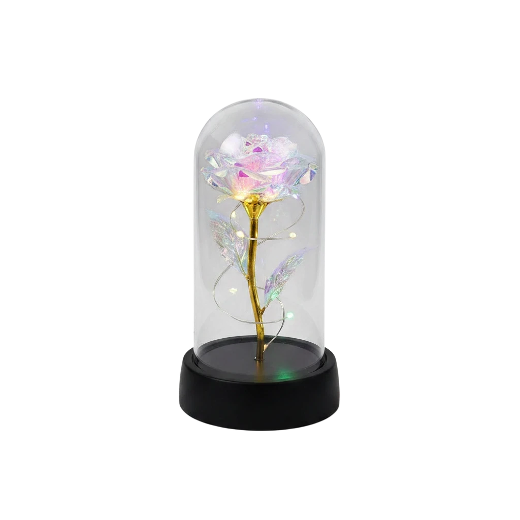 MieleGifts iridescent rose inside a clear plastic dome with glowing LED fairy lights on a black base