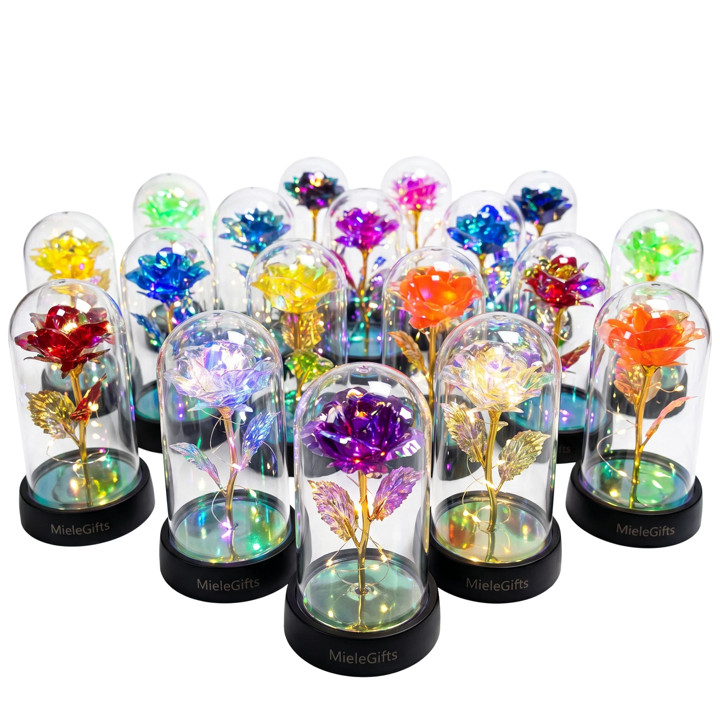 MieleGifts collection of colorful LED light up roses in clear domes with gold stems on black bases