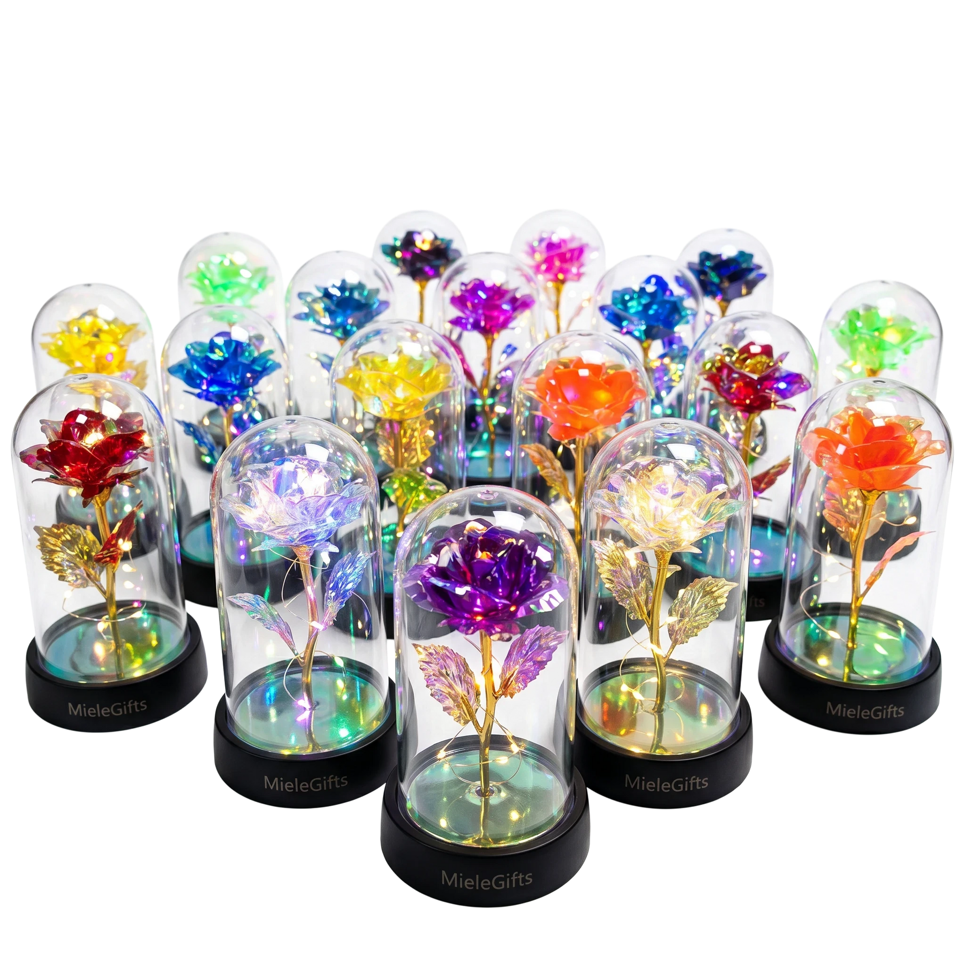 MieleGifts collection of colorful LED light up roses in clear domes with gold stems on black bases
