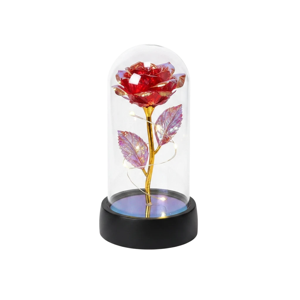 MieleGifts light up red rose in a clear plastic dome with warm LED fairy lights on a black base