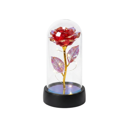 MieleGifts light up red rose in a clear plastic dome with warm LED fairy lights on a black base