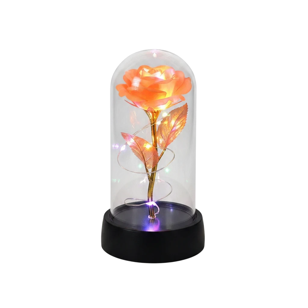 MieleGifts light up rose in a clear plastic dome with warm LED fairy lights and a black base for romantic decor