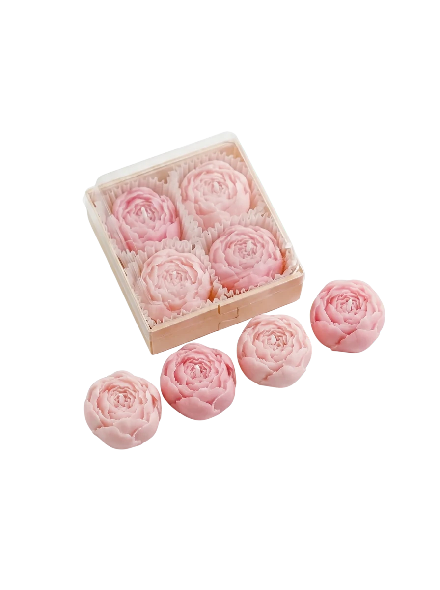 MieleGifts miniature pink rose-shaped soy wax candles in a clear display box on a white background.