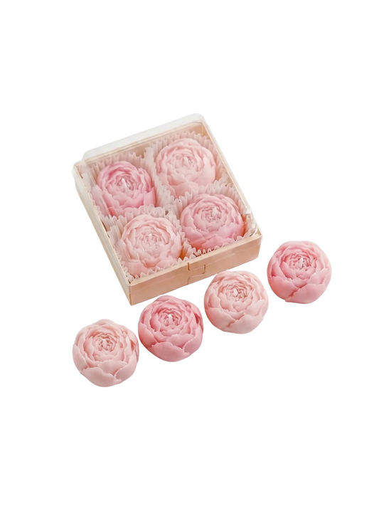 MieleGifts miniature pink rose-shaped soy wax candles in a clear display box on a white background.
