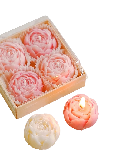 MieleGifts miniature hand-sculpted soy wax rose candles in pink and white, presented in a clear gift box.