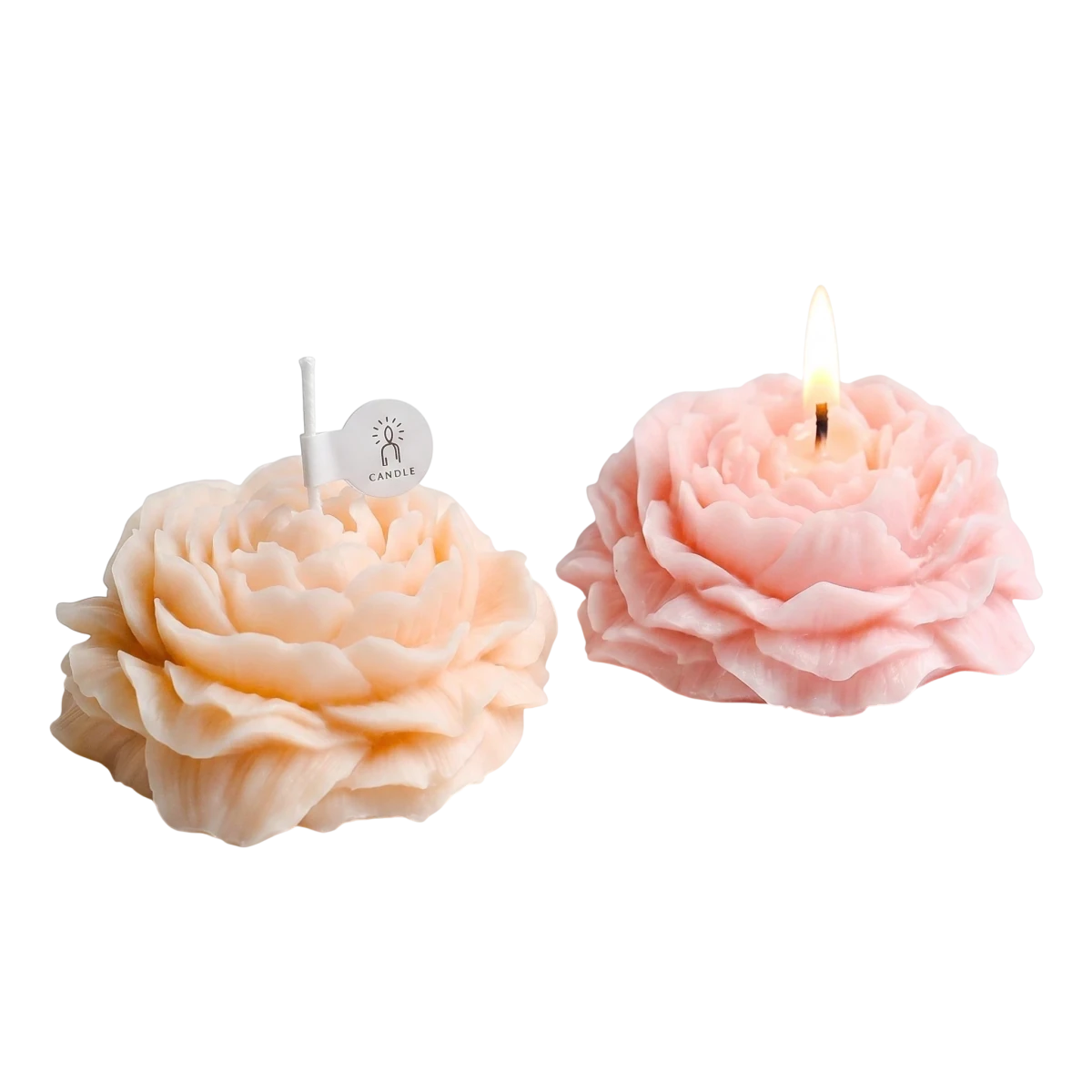 MieleGifts peony-shaped soy wax candles in soft pink and peach, one unlit and one burning on a white background.
