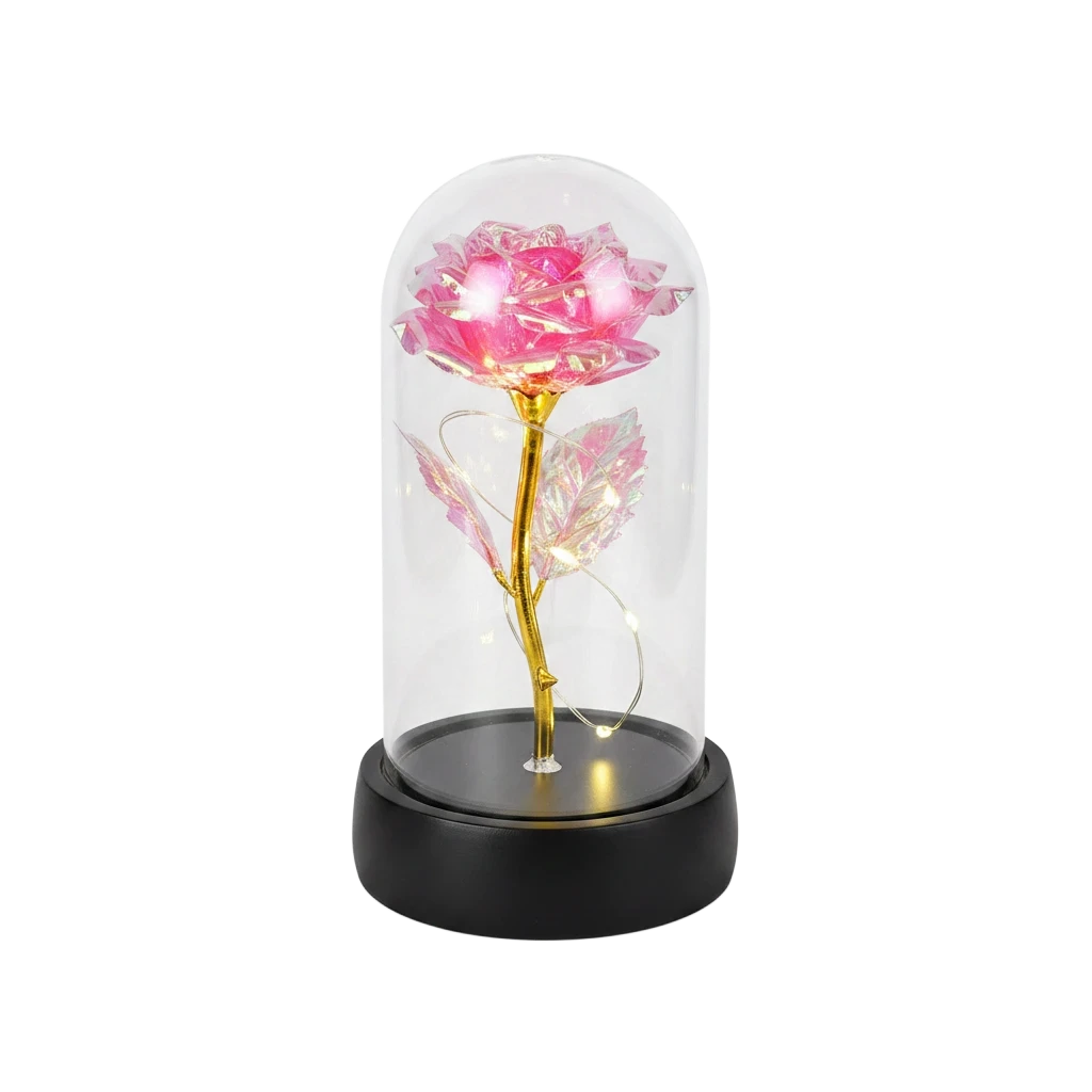 MieleGifts light up pink rose in a clear plastic dome with warm LED fairy lights and a black base